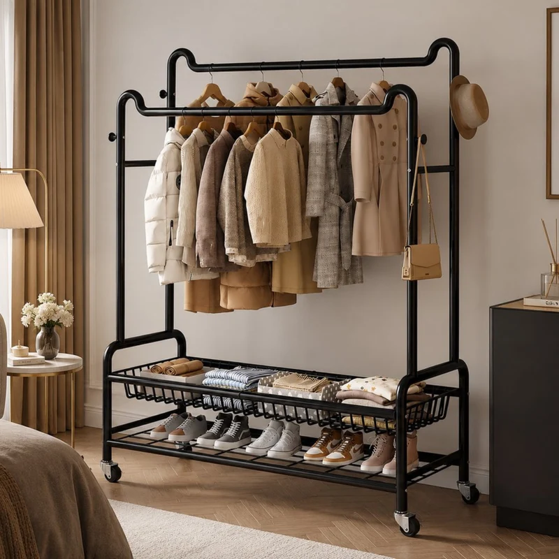 Eleganca Kledingrek XXL - Kledingstang - Stevig Garderoberek - 2 Stangen en 4 Ophanghaken - Zwart - Staal - B150 x D45 x H170 cm