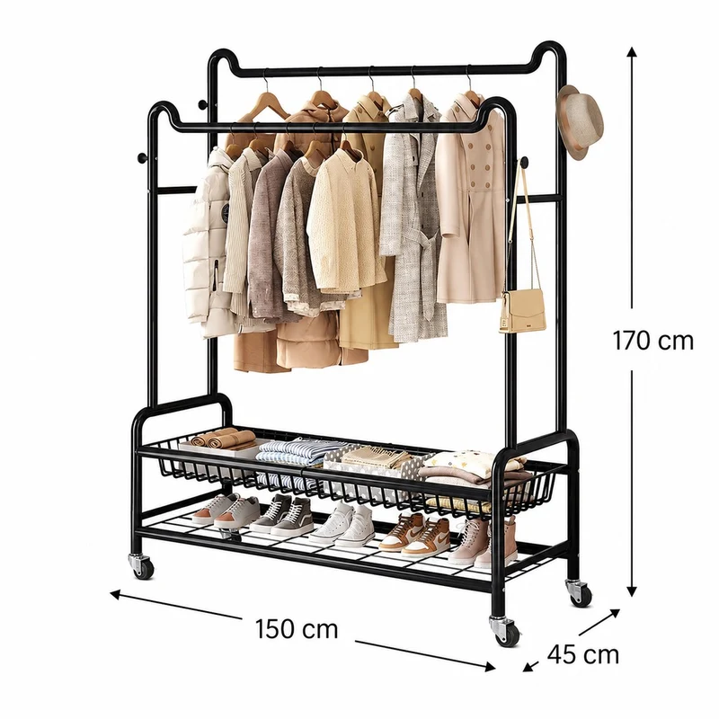 Eleganca Kledingrek XXL - Kledingstang - Stevig Garderoberek - 2 Stangen en 4 Ophanghaken - Zwart - Staal - B150 x D45 x H170 cm