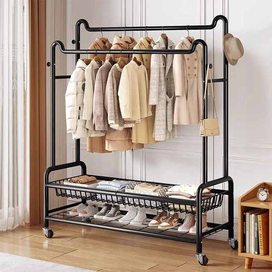 Eleganca Kledingrek XXL - Kledingstang - Stevig Garderoberek - 2 Stangen en 4 Ophanghaken - Zwart - Staal - B150 x D45 x H170 cm