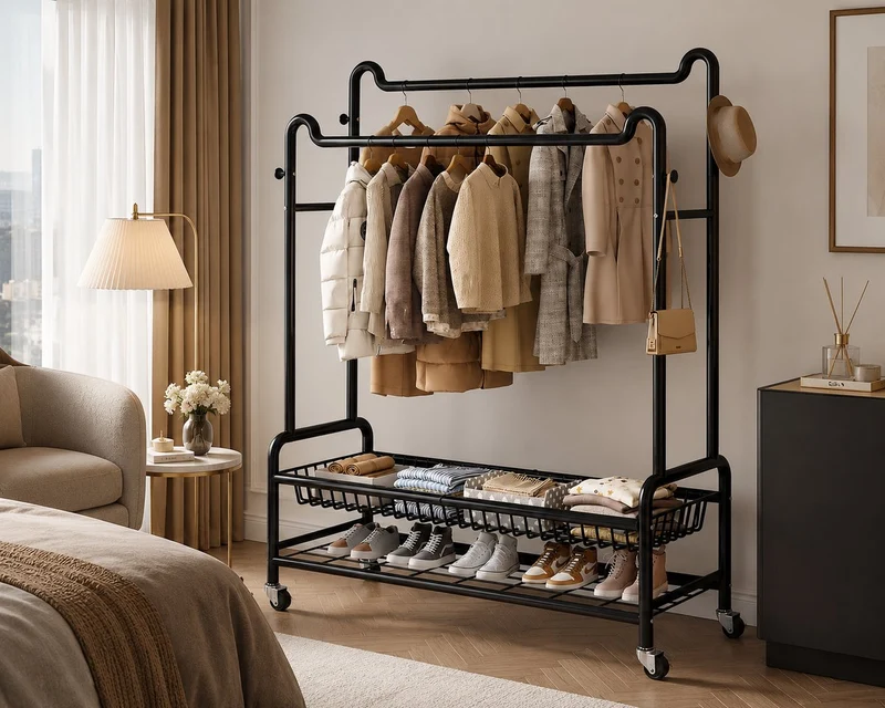 Eleganca Kledingrek XXL - Kledingstang - Stevig Garderoberek - 2 Stangen en 4 Ophanghaken - Zwart - Staal - B150 x D45 x H170 cm
