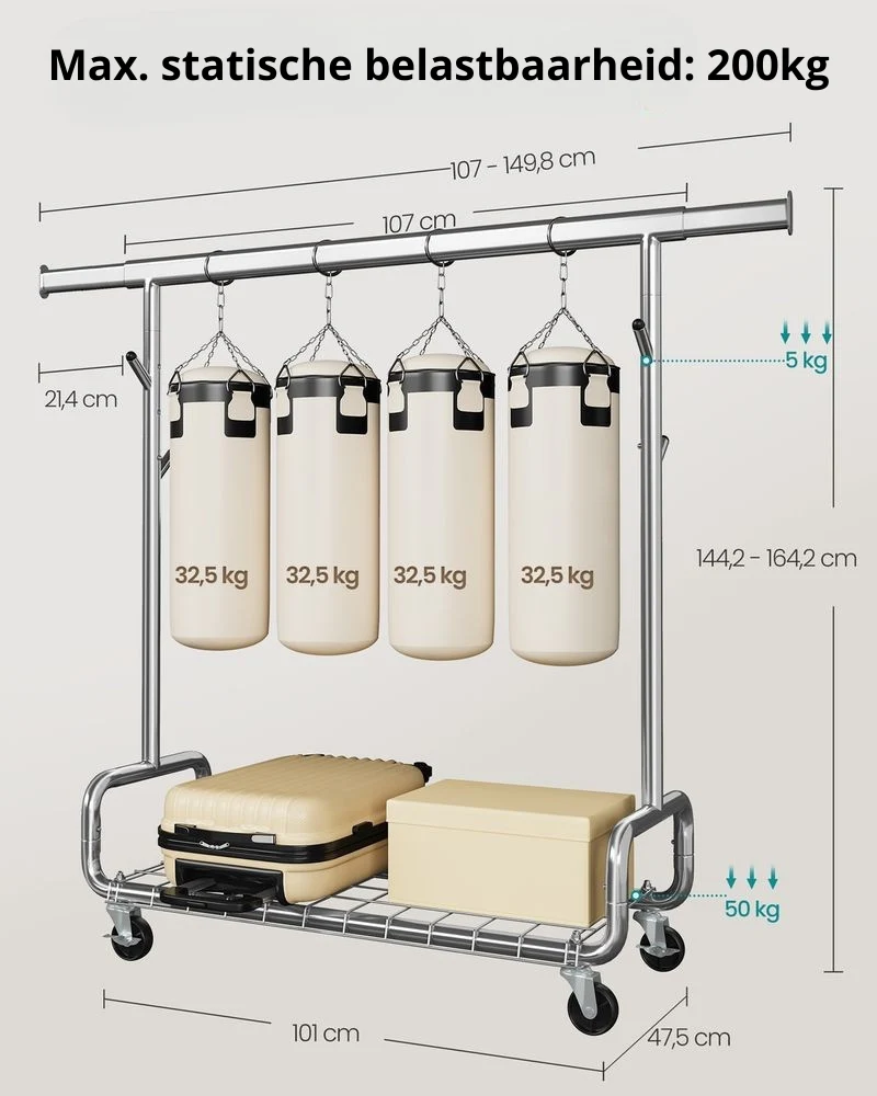 Nancy's Piediluco Kledingrek tot 200kg - Garderoberek - Kledingstang - Zilver - Staal
