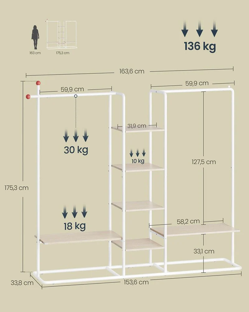 Nancy's Moretta Kledingrek - Garderoberek - Kledingstang - Naturel Beige / Wit - ± 165 x 35 x 175 cm