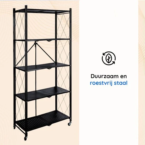 Eleganca Inklapbaar Opbergrek - Opbergkast - Stellingkast - Wandkast - Zwart - Staal - ± 70 x 35 x 160 cm