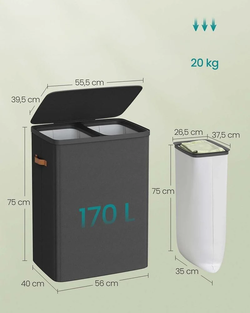 Nancy's Griante Wasmand - Wasbox - Wassorteerder - 2 Vakken - Zwart - 170 Liter