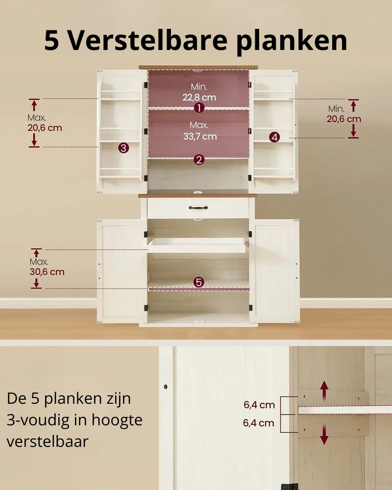 Nancy's Mezzenile Hoge Keukenkast- Voorraadkast - Opbergkat - Vintage Wit - ± 80 x 40 x 180 cm