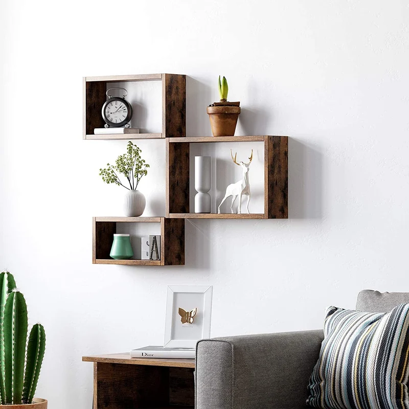 Nancy's Wandplank Industrieel Hout - Set van 3 - Zwevend - Wandplanken - Kubusplanken - Lengte 40/35/30 cm - Vintage bruin