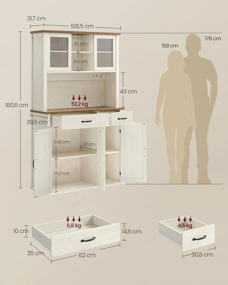 Nancy's Mezzana Vrijstaande Keukenkast - Vitrinekast - Buffetkast - Vintage Wit - ± 105 x 40 x 180 cm