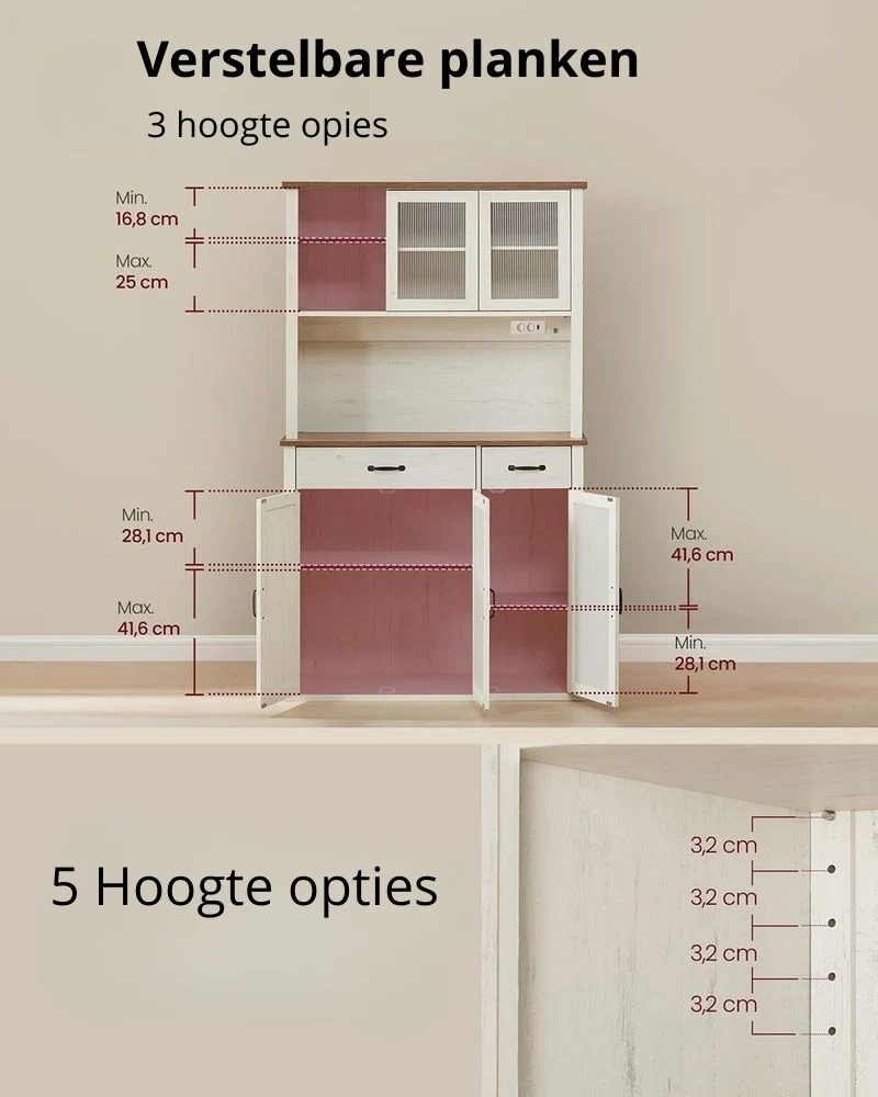 Nancy's Mezzana Vrijstaande Keukenkast - Vitrinekast - Buffetkast - Vintage Wit - ± 105 x 40 x 180 cm