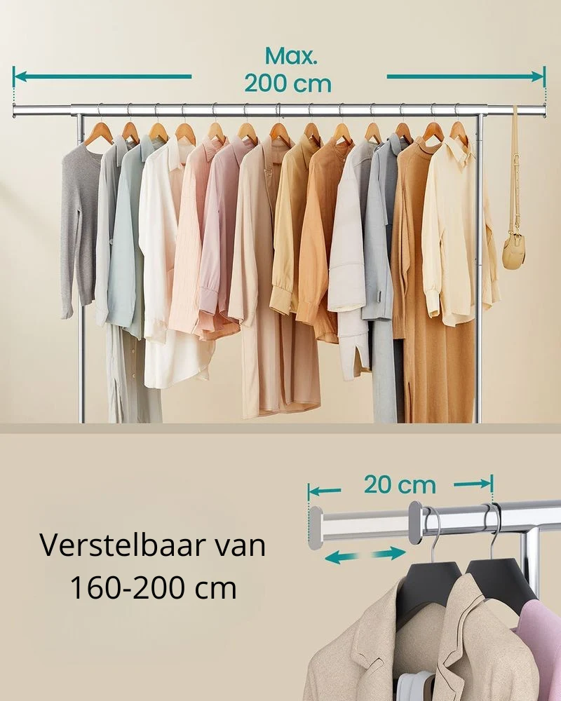 Nancy's Erba Kledingrek - Stevig Garderoberek - Kledingroede - Verlengbaar - Zilver - Draagvermogen tot 110 kg
