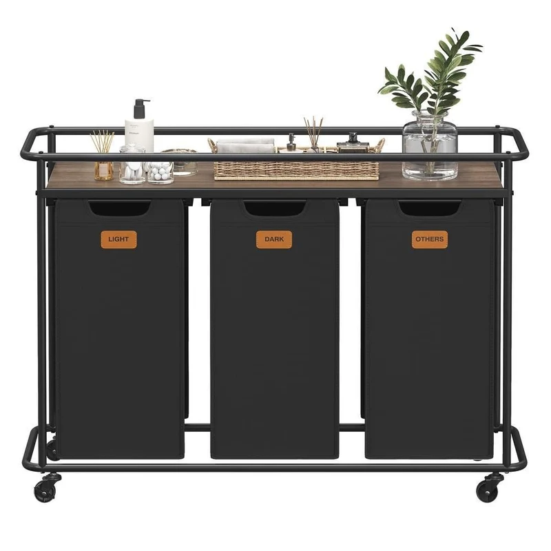 Nancy's Serrapetrona Wassorteerder - Wasmand met 3 Vakken - Op Wieltjes - Zwart - 150 Liter
