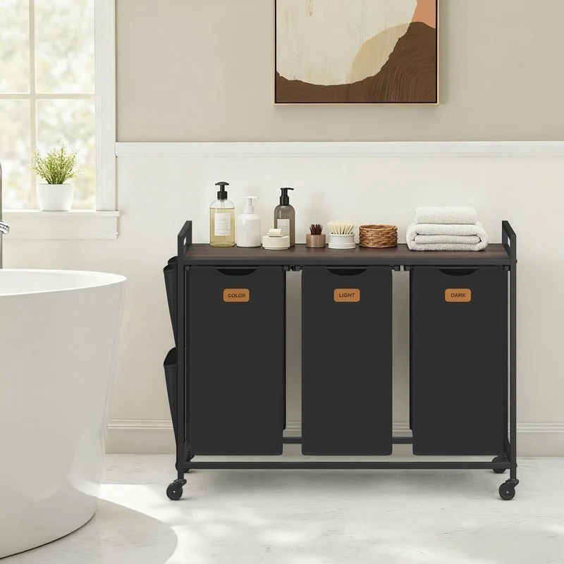 Nancy's Sermoneta Wassorteerder - Wasmand - Op Wieltjes - 3 Vakken - Zwart - 150 Liter