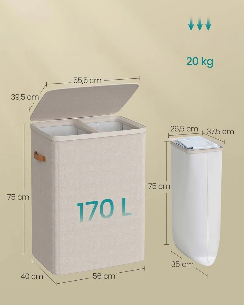 Nancy's Grigno Wasmand - Wasbox - Wassorteerder - 2 Vakken - Beige - 170 Liter