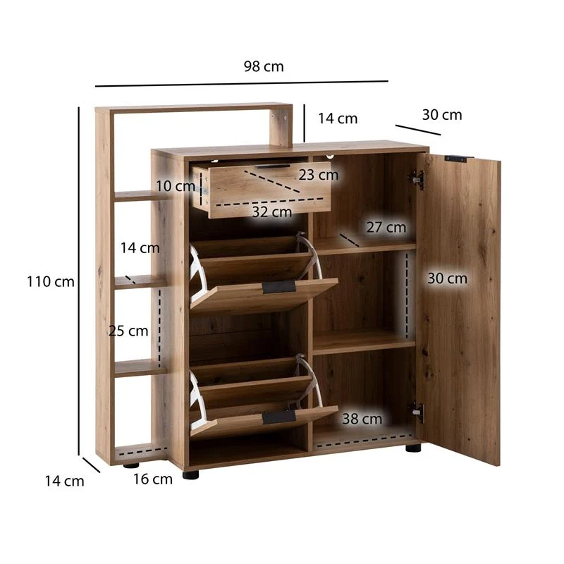Nancy's Bemposta Schoenenkast - Opbergkast voor Schoenen - Bruin / Zwart - ± 100 x 30 x 110 cm