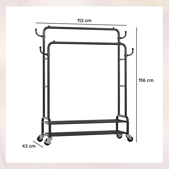 Eleganca Kledingrek XL - Stevig Garderoberek - Dubbel Kledingrek - Zwart - Staal - B112 x D40 x H155 cm - Topper