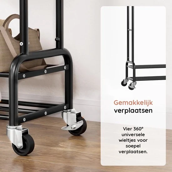 Eleganca Kledingrek XL - Stevig Garderoberek - Dubbel Kledingrek - Zwart - Staal - B112 x D40 x H155 cm - Topper