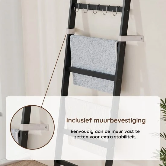 Nancy's Eleganca Handdoekladder - Handdoekrek - Decoratieve Ladder met 5 Ophanghaakjes - Zwart - Bamboe - 60 x 170 cm