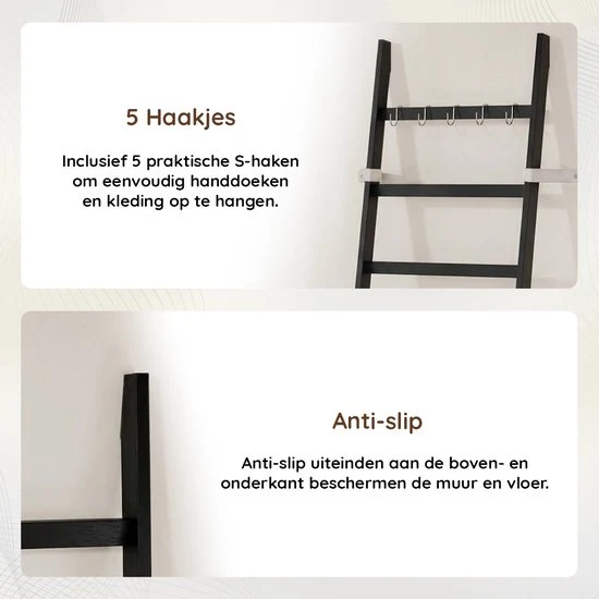 Nancy's Eleganca Handdoekladder - Handdoekrek - Decoratieve Ladder met 5 Ophanghaakjes - Zwart - Bamboe - 60 x 170 cm