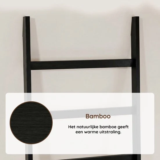 Nancy's Eleganca Handdoekladder - Handdoekrek - Decoratieve Ladder met 5 Ophanghaakjes - Zwart - Bamboe - 60 x 170 cm