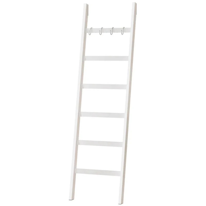 Nancy's Eleganca Handdoekladder - Handdoekrek - ecoratieve Ladder met 5 Ophanghaakjes - Wit - Bamboe - 60 x 170 cm