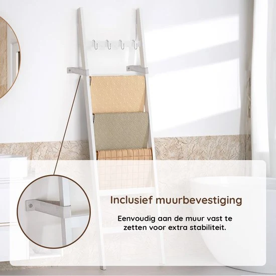 Nancy's Eleganca Handdoekladder - Handdoekrek - ecoratieve Ladder met 5 Ophanghaakjes - Wit - Bamboe - 60 x 170 cm
