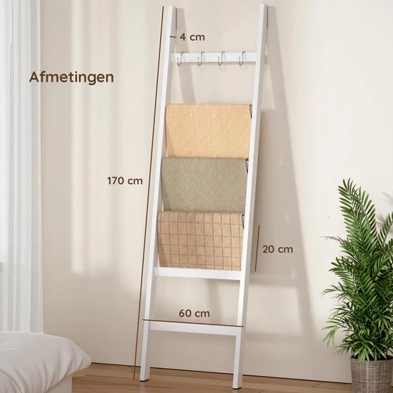 Nancy's Eleganca Handdoekladder - Handdoekrek - ecoratieve Ladder met 5 Ophanghaakjes - Wit - Bamboe - 60 x 170 cm