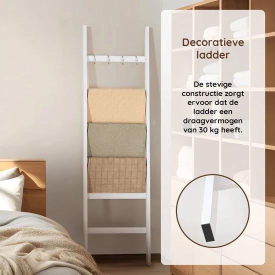 Nancy's Eleganca Handdoekladder - Handdoekrek - ecoratieve Ladder met 5 Ophanghaakjes - Wit - Bamboe - 60 x 170 cm