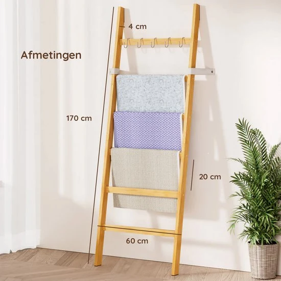 Nancy's Eleganca Handdoekladder - Handdoekrek - Decoratieve Ladder met 5 Ophanghaakjes - Bamboe - 60 x 170 cm
