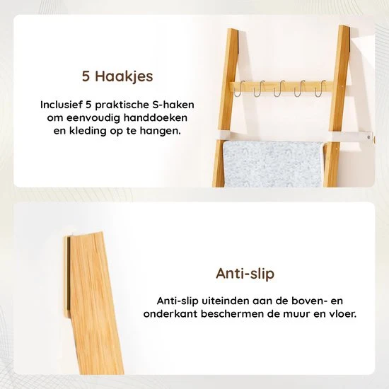 Nancy's Eleganca Handdoekladder - Handdoekrek - Decoratieve Ladder met 5 Ophanghaakjes - Bamboe - 60 x 170 cm