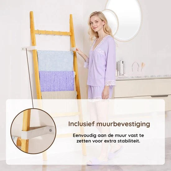 Nancy's Eleganca Handdoekladder - Handdoekrek - Decoratieve Ladder met 5 Ophanghaakjes - Bamboe - 60 x 170 cm