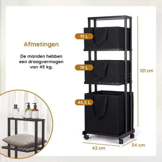 Nancy's Eleganca Wassorteerder 3 Vakken - Wasmand - Met Wieltjes - Zwart - Bamboe - ± 40 x 35 x 120 cm