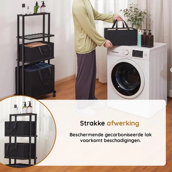 Nancy's Eleganca Wassorteerder 3 Vakken - Wasmand - Met Wieltjes - Zwart - Bamboe - ± 40 x 35 x 120 cm