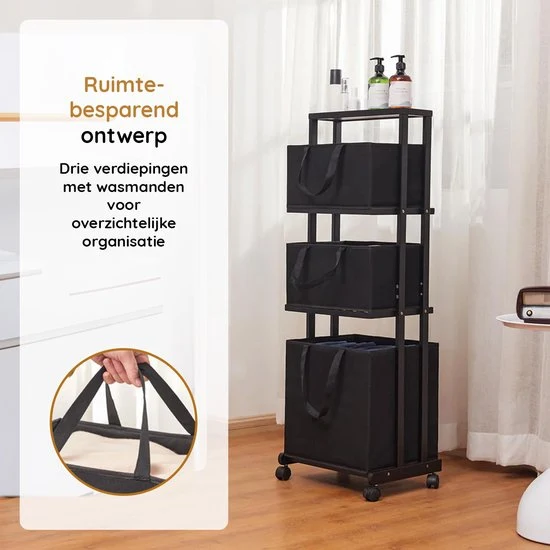 Nancy's Eleganca Wassorteerder 3 Vakken - Wasmand - Met Wieltjes - Zwart - Bamboe - ± 40 x 35 x 120 cm