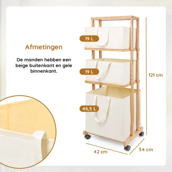 Nancy's Eleganca Wassorteerder 3 Vakken - Wasmand - Met Wieltjes - Bamboe - ± 40 x 35 x 120 cm