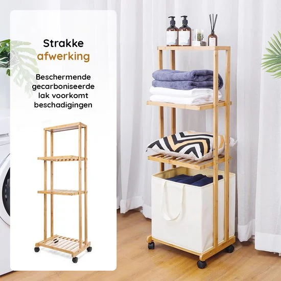 Nancy's Eleganca Wassorteerder 3 Vakken - Wasmand - Met Wieltjes - Bamboe - ± 40 x 35 x 120 cm