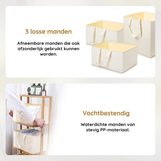 Nancy's Eleganca Wassorteerder 3 Vakken - Wasmand - Met Wieltjes - Bamboe - ± 40 x 35 x 120 cm