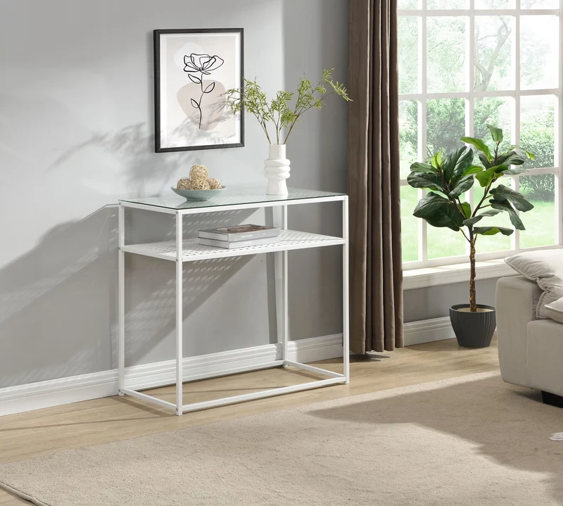 Nancy's Predore Sidetabel - Bijzettafel - Consoletafel - Haltafel - Wit - Glas / Staal - ± 80 x 40 x 75 cm