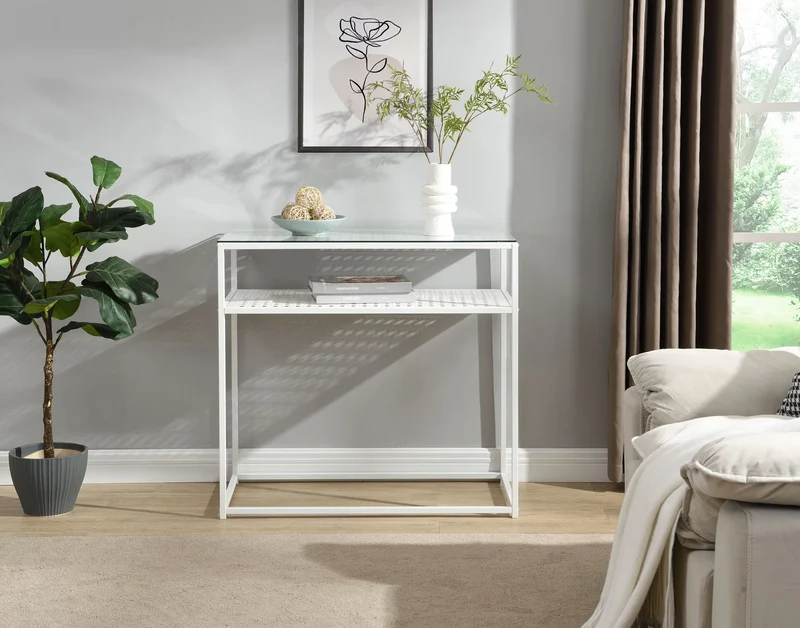 Nancy's Predore Sidetabel - Bijzettafel - Consoletafel - Haltafel - Wit - Glas / Staal - ± 80 x 40 x 75 cm