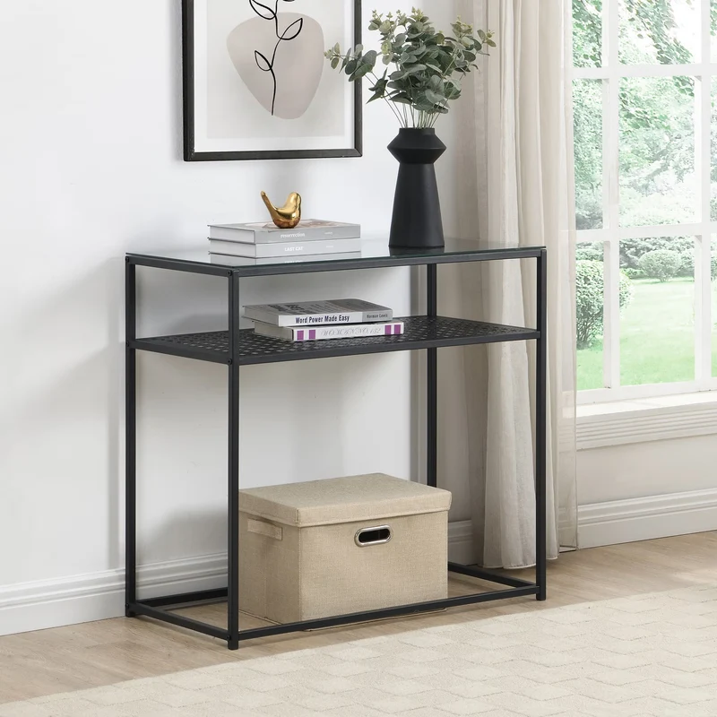 Nancy's Predore Sidetabel - Bijzettafel - Consoletafel - Haltafel - Zwart - Glas / Staal - ± 80 x 40 x 75 cm