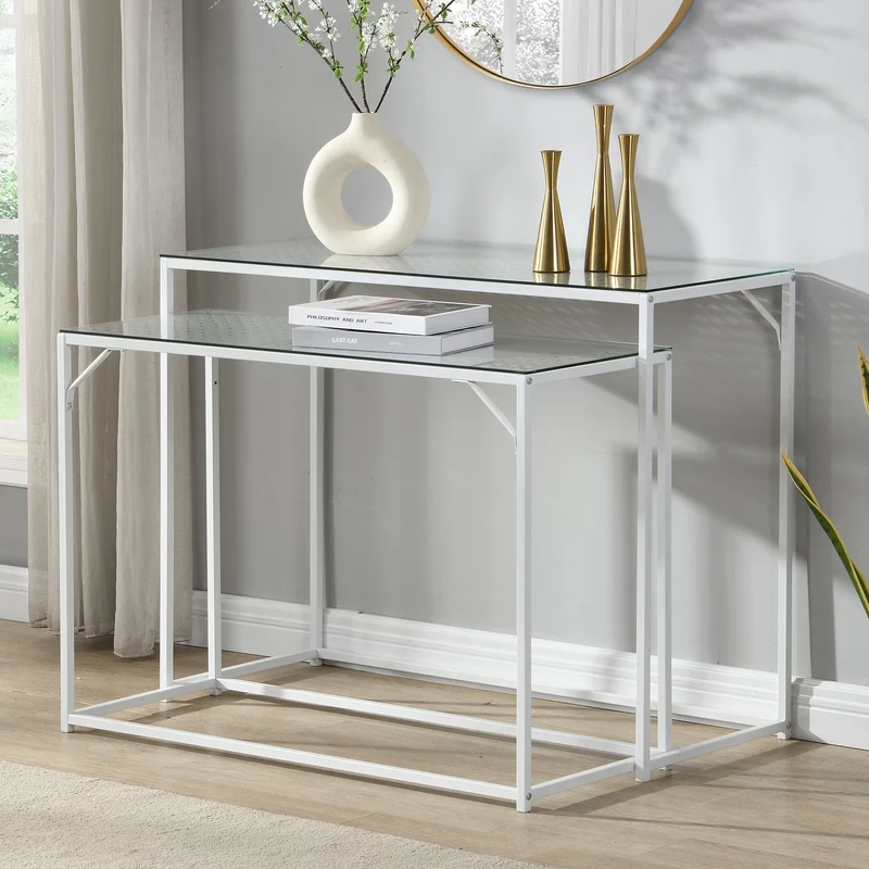 Nancy's Predoi Sidetables Set - Consoletafels - Haltafels - Set van 2 - Wit - Staal / Glas