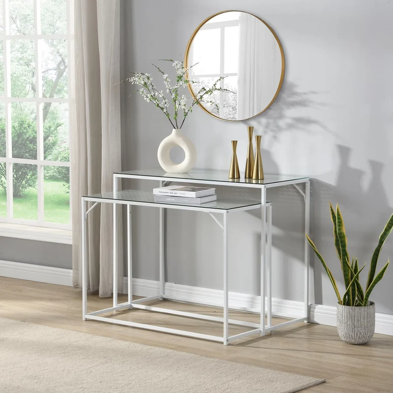 Nancy's Predoi Sidetables Set - Consoletafels - Haltafels - Set van 2 - Wit - Staal / Glas