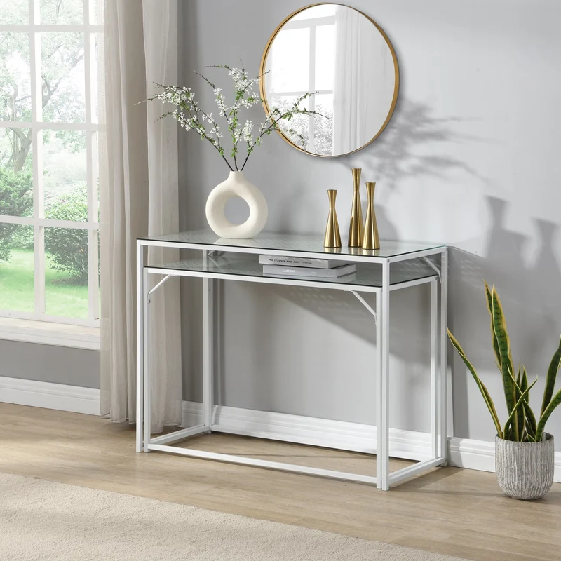 Nancy's Predoi Sidetables Set - Consoletafels - Haltafels - Set van 2 - Wit - Staal / Glas