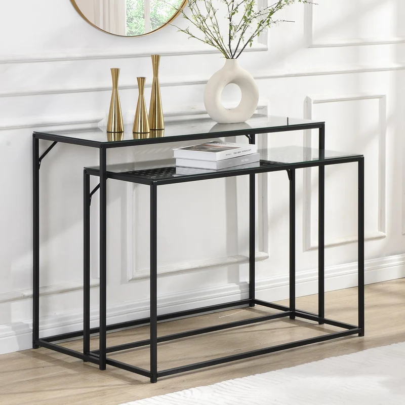 Nancy's Predoi Sidetables Set - Consoletafels - Haltafels - Set van 2 - Zwart - Staal / Glas