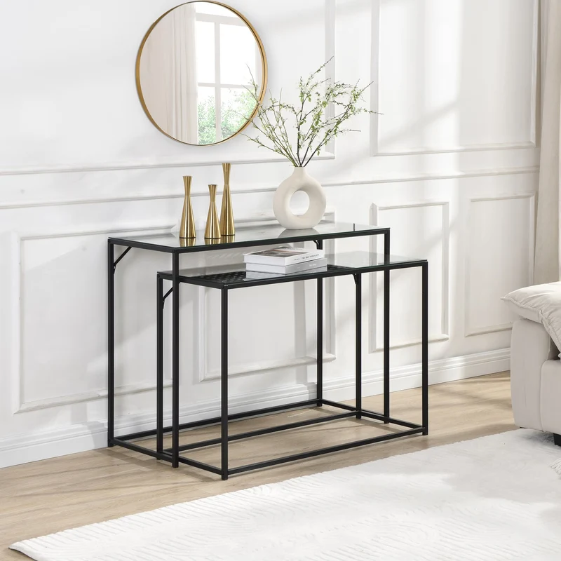 Nancy's Predoi Sidetables Set - Consoletafels - Haltafels - Set van 2 - Zwart - Staal / Glas
