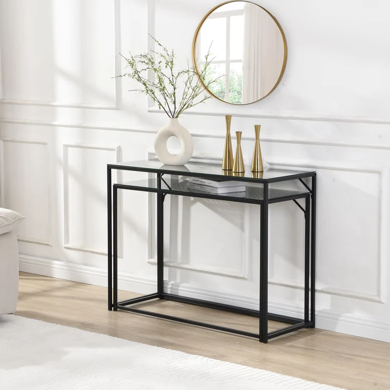 Nancy's Predoi Sidetables Set - Consoletafels - Haltafels - Set van 2 - Zwart - Staal / Glas