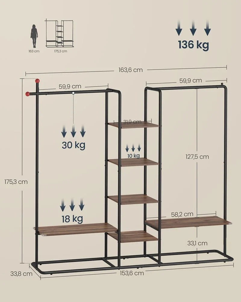 Nancy's Moretta Kledingrek - Garderoberek - Kledingstang - Walnootkleurig / Zwart - ± 165 x 35 x 175 cm