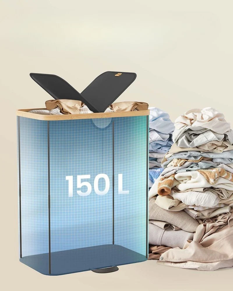 Nancy's Miazzina Wasmand - Wasbox - Wassorteerder - 2 Vakken - Zwart / Beige - 150 Liter