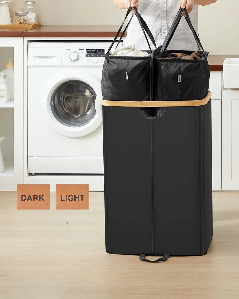 Nancy's Miazzina Wasmand - Wasbox - Wassorteerder - 2 Vakken - Zwart / Beige - 150 Liter