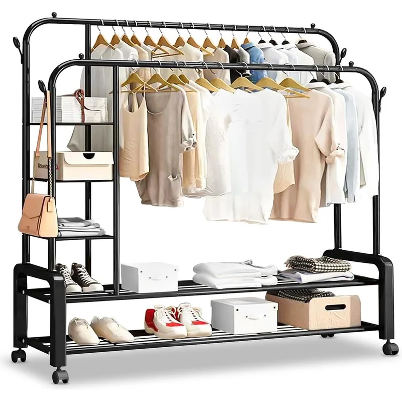 Eleganca Kledingrek XXL - Garderoberek - Kledingstang - 2 Stangen en 4 Ophanghaken - Zwart - Staal - 150 x 50 x 162 cm