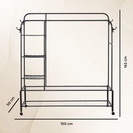 Eleganca Kledingrek XXL - Garderoberek - Kledingstang - 2 Stangen en 4 Ophanghaken - Zwart - Staal - 150 x 50 x 162 cm