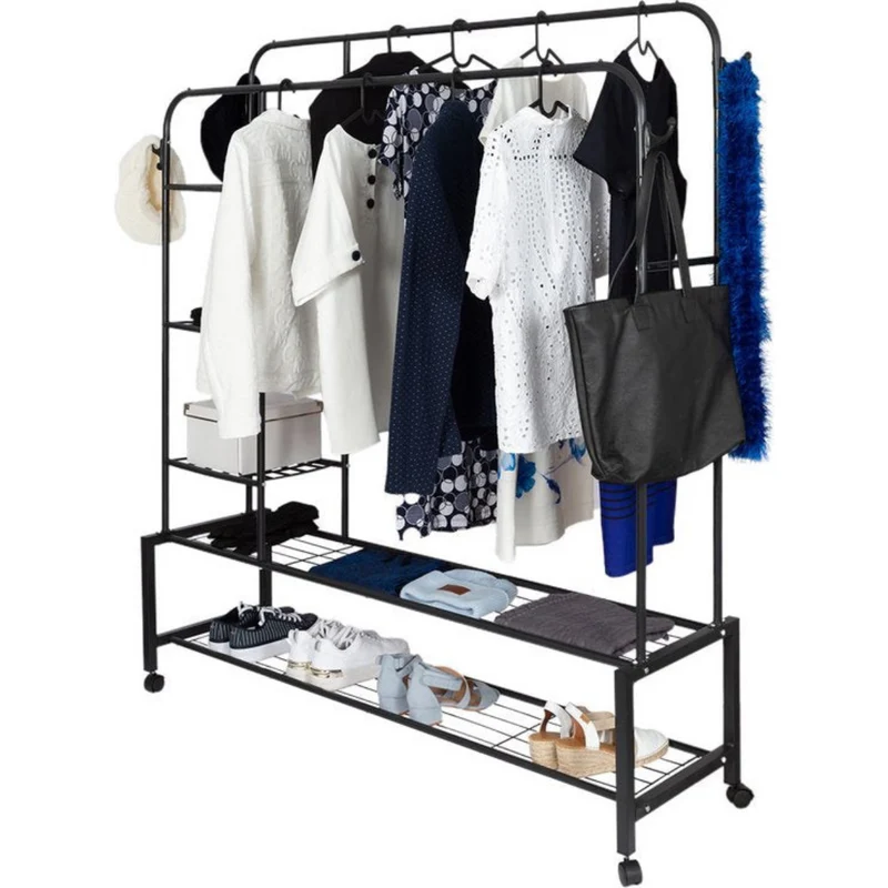 Eleganca Kledingrek XXL - Garderoberek - Kledingstang - 2 Stangen en 4 Ophanghaken - Zwart - Staal - 150 x 50 x 162 cm